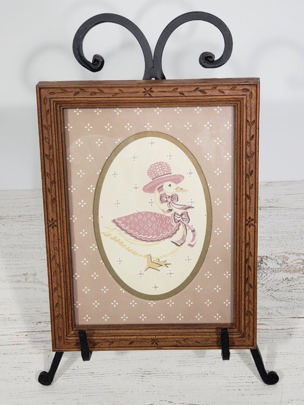 Vintage Framed White Goose in pink clothing hat 7" X 9" Cottagecore Grandmacore